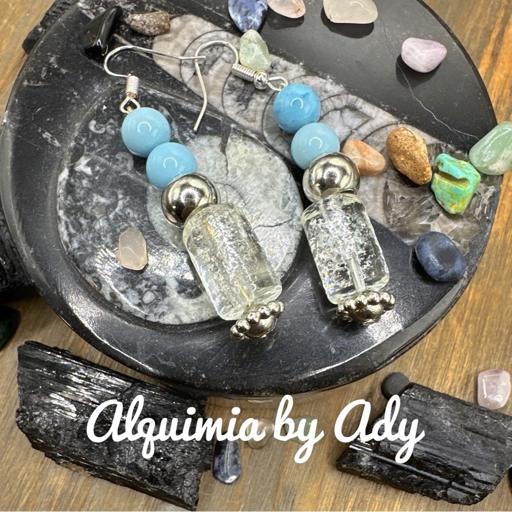 Silver handmade bohemian larimar statemen long bon Bon earrings
